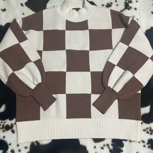 Brown and White Checkered Sweater